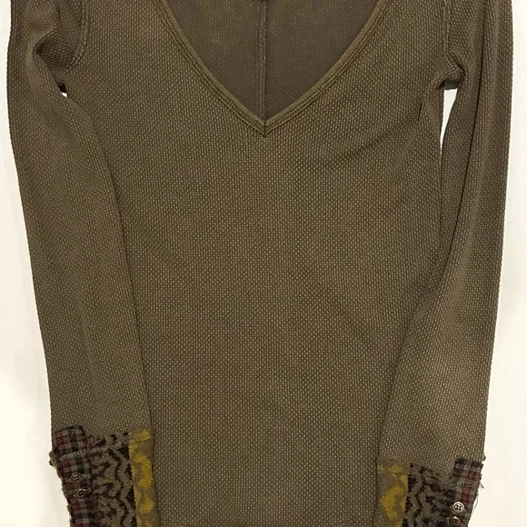 Free People Olive Long Sleeve Top with Patterned Cuffs - Picture 2 of 2